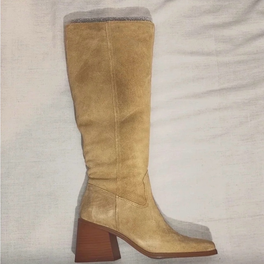 Vince Camuto Tan Sangeti High Boot Square Toe Block Heel Genuine Suede Leather